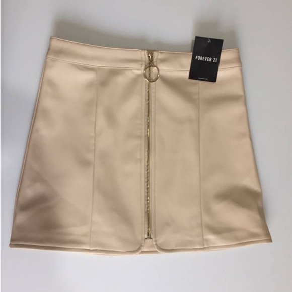 Forever 21 Dresses & Skirts - Forever 21 light Beige pleather Zip-Front gold zipper Mini Skirt size SMALL